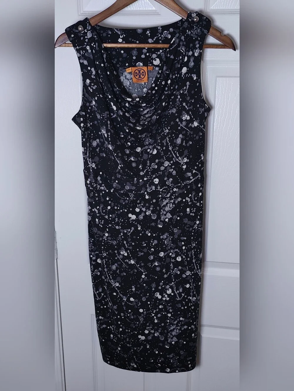 Tory Burch Dress 100% Silk Black Abstract Paint Cowl Neck Sheath Dress Size S